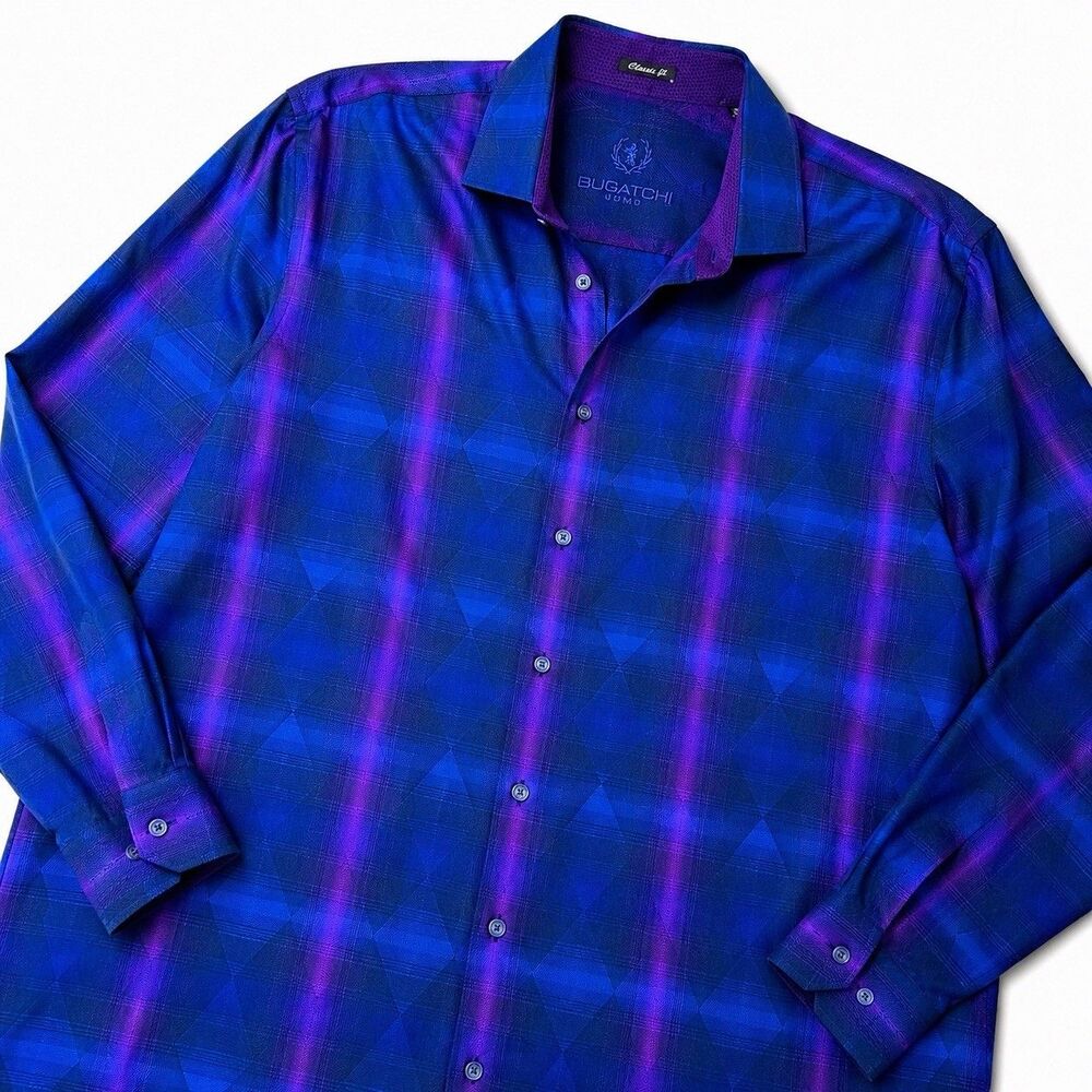 Bugatchi Uomo Mens Classic Fit Mens Blue Purple Geometric Shirt 2XL 100% Cotton